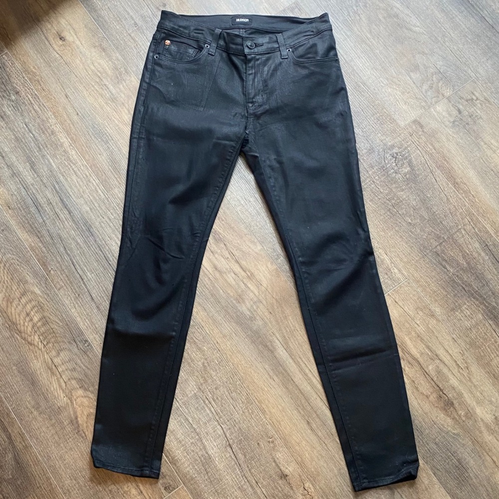 Hudson Black Coated Skinny Jeans Womens Size 27 Waxed Denim Pants‎